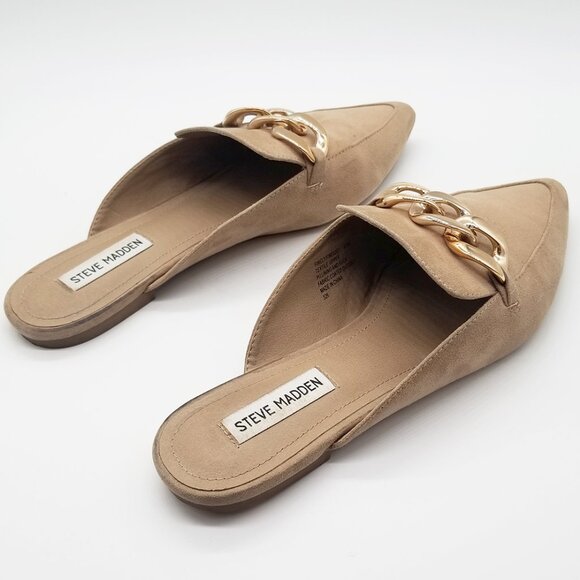 Steve Madden Finely Tan Beige Pointed Toe Gold Chunky Chain Slip On Mules  9.5 - Picture 7 of 15